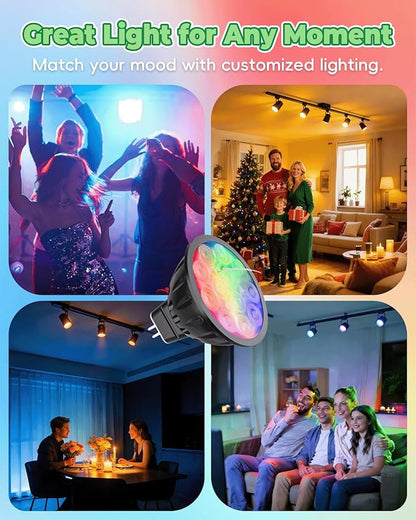 Upgraded Smart WiFi MR16 LED Bulbs Dimmable, RGBW MR16 LED Bulb Color Changing, GU5.3 Bi-pin Base, Multicolor CCT Tunable, Memory Function, Music Sync for 12V Low Voltage Spotlight 2-Pack