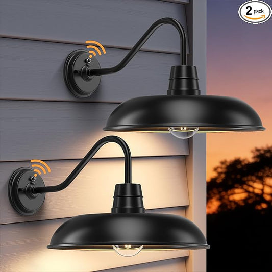 16 Inch Dusk to Dawn Gooseneck Barn Light, 2-Pack Extra Large Farmhouse Porch Lamps, Industrial Vintage Anti-Rust Stain Black Wall Mount Outdoor Fixture with Photocell for Exterior Courtyard Barn Shed