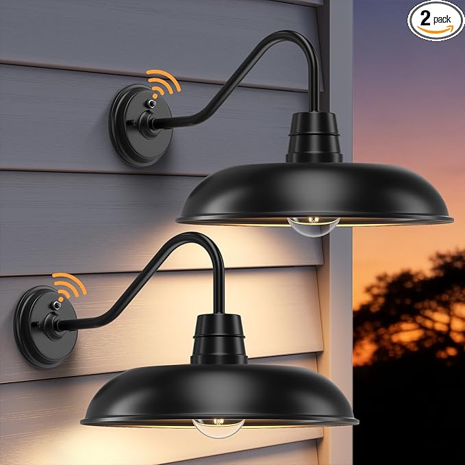 FILIYANO Dusk to Dawn Outdoor Gooseneck Barn Light, 12 Inch 2-Pack Farmhouse Porch Lights, Vintage Black Anti-Rust Lantern with E26 Base for Porch Side Door Fence