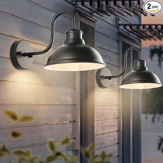 12" Outdoor Barn Gooseneck Light 2 Pack, Large Exterior Wall Sconce, Black Classic Farmhouse Industrial Wall-Mounted Barn Light Fixture for Garage/Porch/Patio