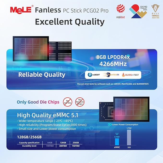 MeLE PCG02 Pro Fanless N100 Mini PC Stick 8GB LPDDR4x 128GB eMMC Win11pro Slim Micro Computer Stick Dual HDMI 4K Display WiFi 5 BT5.1 GbE, Support PD3.0 Protocol, on IoT, Digital Signage, MES, WMS