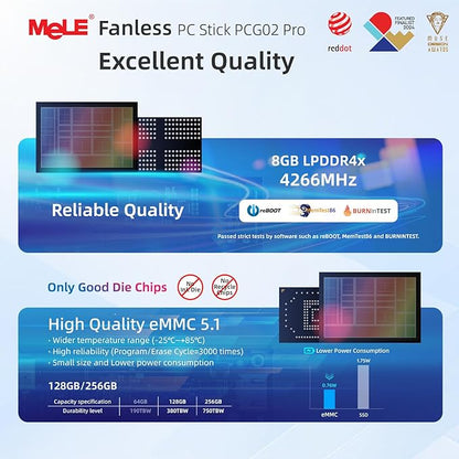 MeLE PCG02 Pro Fanless N100 Mini PC Stick 8GB LPDDR4x 128GB eMMC Win11pro Slim Micro Computer Stick Dual HDMI 4K Display WiFi 5 BT5.1 GbE, Support PD3.0 Protocol, on IoT, Digital Signage, MES, WMS
