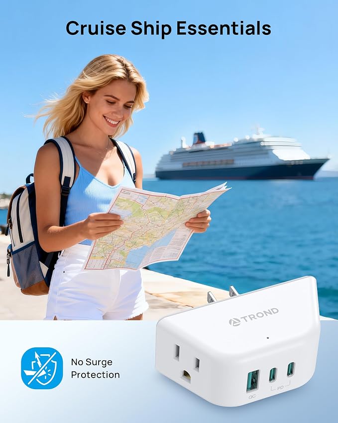 TROND Multi Plug Wall Outlet with USB C PD 20W, 2 AC Sockets | 3-Side Design Wall Outlet Extender, for Home Office Cruise Travel Essentials, White