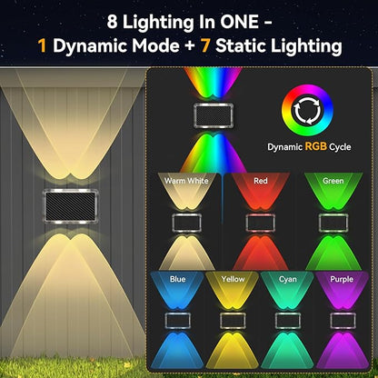 TECKNET Solar Fence Lights 12 Pack, 8 Modes RGB Color Changing, 200°Wide Lighting & Up Down Lights, IP66 Waterproof Dual-Lens LED Decorative Lights for Wall/Garden/Fence/Patio/Backyard