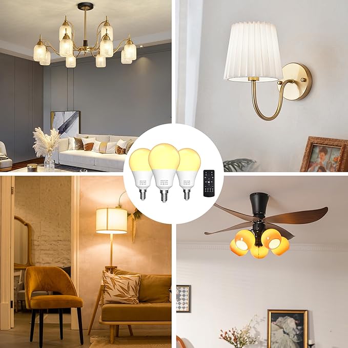 E12 LED Candelabra Light Bulbs with Remote Control, Stepless Dimmable 3000K-6000K, 9W(100W Equivalent), E12 Base, Timer & Night Light, 3Bulb & 1Remote for Bedroom, Ceiling Fan, Chandelier