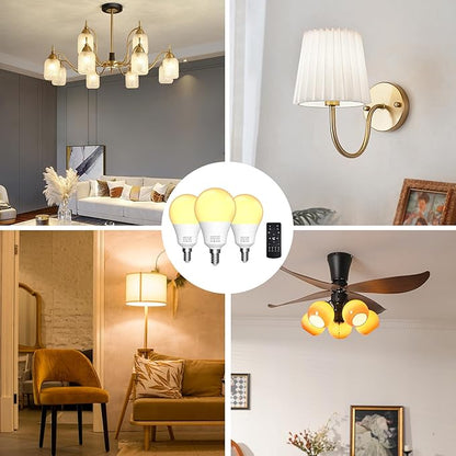 E12 LED Candelabra Light Bulbs with Remote Control, Stepless Dimmable 3000K-6000K, 9W(100W Equivalent), E12 Base, Timer & Night Light, 3Bulb & 1Remote for Bedroom, Ceiling Fan, Chandelier