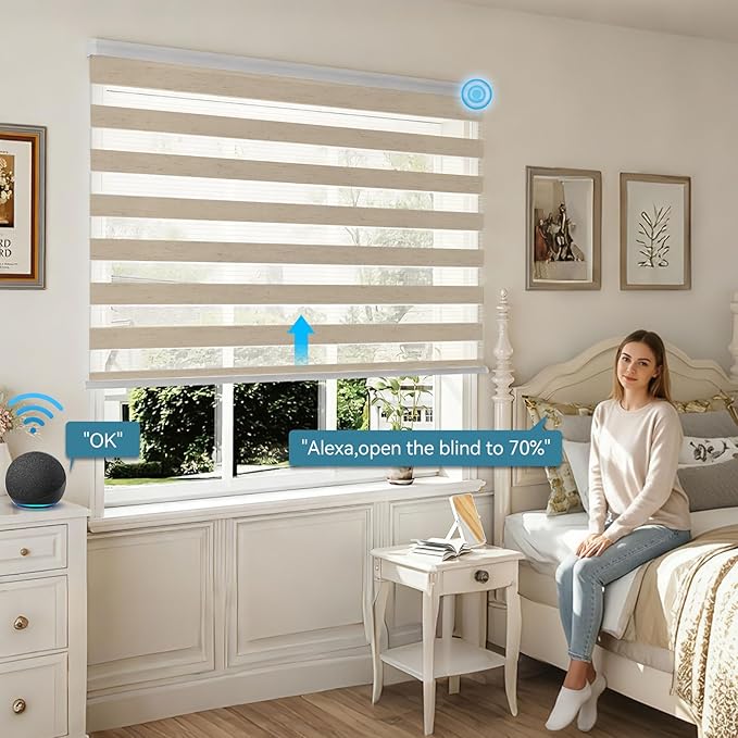 Interior Window Shades, Smart Dual Layer Light Filtering Blinds Compatible with Alexa & Google Home, Customized Size Cordless Electric Window Shades, (Linen Apricot, 55% Blackout)
