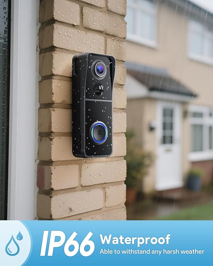 AUE Doorbell Camera Wireless, 2K HD Video Doorbell with Ring Chime, Battery Operated, Night Vision, 2-Way Audio, PIR Motion Detection, 2.4Ghz WiFi, IP66 Waterproof, Compatible with Alexa