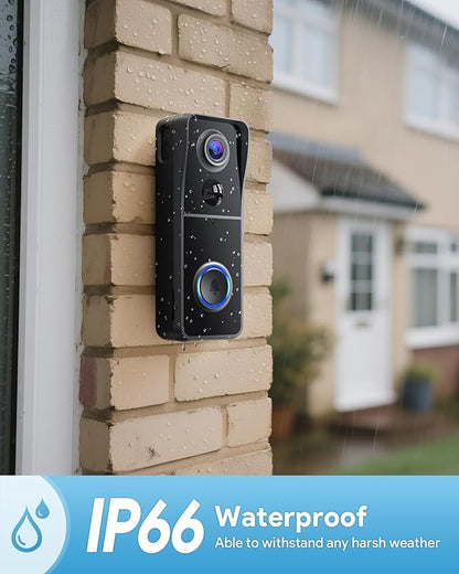 AUE Doorbell Camera Wireless, 2K HD Video Doorbell with Ring Chime, Battery Operated, Night Vision, 2-Way Audio, PIR Motion Detection, 2.4Ghz WiFi, IP66 Waterproof, Compatible with Alexa