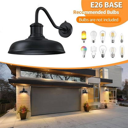 13.8'' Diameter Large Dusk to Dawn Outdoor Gooseneck Barn Light 2 Packs, Outdoor Wall Sconce Farmhouse Exterior Light Wall Lighting Fixture Industrial Outside Lantern for Porch, Patio, Garage, Black