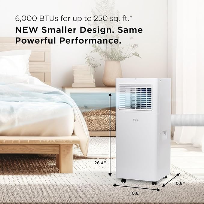 TCL H6P44W 6,000 BTU Smart Portable Air Conditioner, Fan & Dehumidifier, 250 Sq. Ft, Ultra-Compact Design, Remote Control, Compatible with Alexa/Google Assistant, Install Kit Included, White