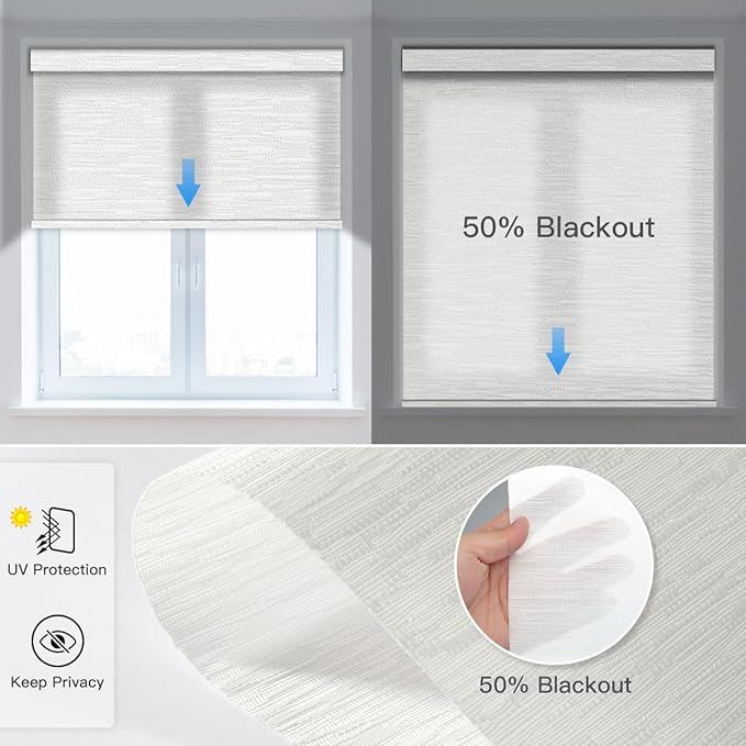 Tokblind Motorized Light Filtering Roller Shade Fabric Covered Valance and Bottom Rod, Remote Control Electric Window Blind Compatible with Alexa via Hub, Custom Size (Texture White - Wrapped Fabric)