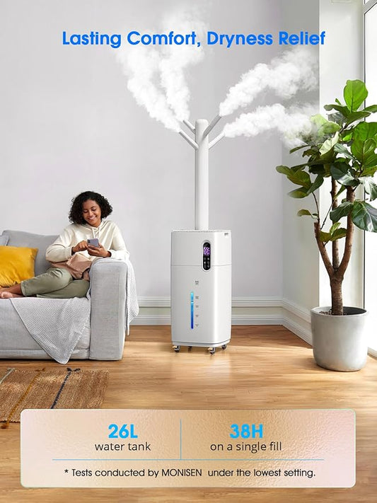 26L/5.7Gal Humidifier Large Room 3000 ft², Supersized Cool Mist, 38H Quiet Humidifiers for Bedroom, 2000mL/h Mist Output, Touch/Remote Control, Humidifiers for Home, Whole House, Plant, White
