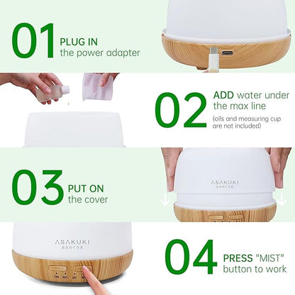 ASAKUKI Essential Oil Diffuser, 300ml Ultrasonic Aromatherapy Oil Humidifier with 7 Colors LED Lights, 2 Mist Mode for Home, Gift for Mom (Wood Grain)