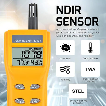 CO2 Meter Portable CO2 Detector Digital CO2 Monitor with Alarm Function Carbon Dioxide Temperature and Humidity Meter, NDIR CO2 Sensor Indoor Air Quality Monitor for Home Office Grow Room