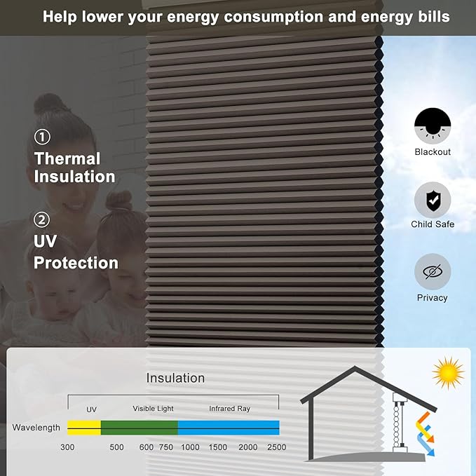 Changshade Custom Blinds Cellular Shades Blackout Cordless for Indoor Windows, Honeycomb Blind Room Darkening Black Out Shade for Bedroom, Bathroom, Nursey, Heat Light Blocking Easy Install, Taupe