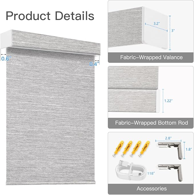 Tokblind Motorized Blackout Roller Shade Fabric Covered Valance and Bottom Rod, Remote Control Electric Window Blind Compatible with Alexa Google via Hub, Custom Size (Texture Grey - Wrapped Fabric)