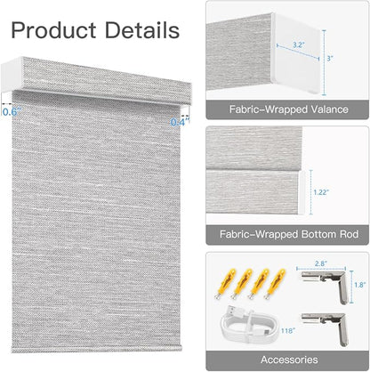 Tokblind Motorized Blackout Roller Shade Fabric Covered Valance and Bottom Rod, Remote Control Electric Window Blind Compatible with Alexa Google via Hub, Custom Size (Texture Grey - Wrapped Fabric)