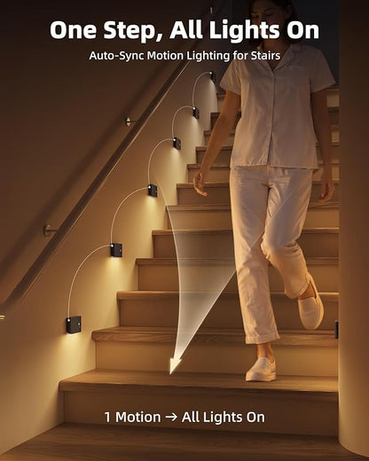 EZVALO 3 Pack Motion Sensor Night Lights, Sync LED Stair Lights Indoor, 1500mAh Rechargeable, Magnetic & Dimmable, 3000K Soft White, Portable Nightlight for Hallway, Stairs, Bathroom, Bedroom (Black)