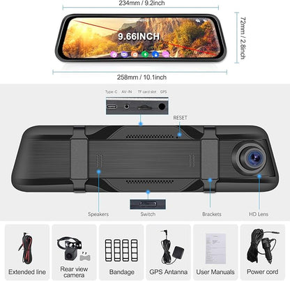 CAMECHO 4K Mirror Dash Cam with BSD, Smart Rear View Mirror Camera with WiFi, 9.66 inches Full Touch Screen, Dash Camera for Cars, GPS, HDR Night Vision, G-Sensor, Loop Recording