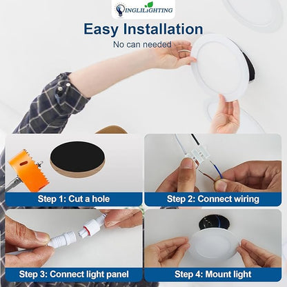 DLLT LED Recessed Ceiling Light: 12 Pack 6 Inch Slim Recessed Lighting for Kitchen - 5CCT Dimmable Canless Wafer Downlight for Living Room - 1200LM Brightness 12W LED Lights for Bedroom ETL FCC