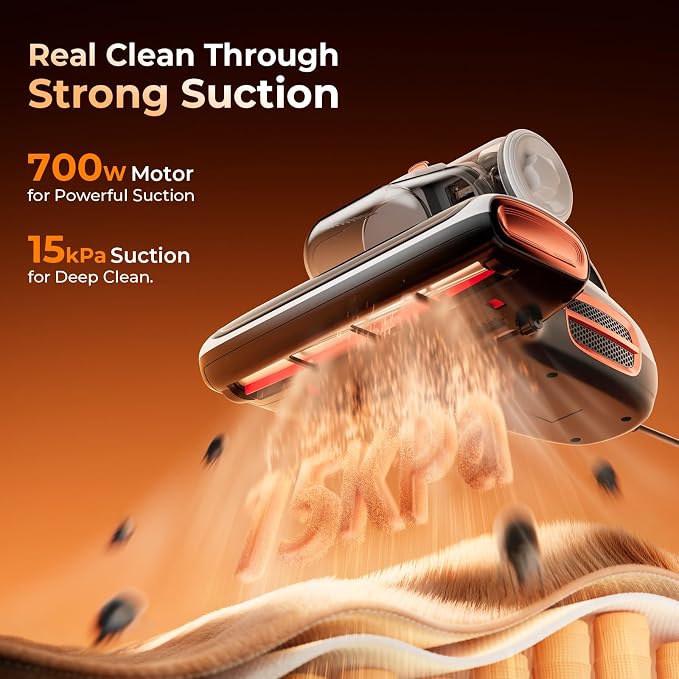 JIGOO T600 Mattress Bed Vacuum Cleaner with UV-C Light, 15Kpa Suction, 700W | 700W Motor, Double Cup, Smart Dust Sensor, Ultrasonic, Heating Tech, MIF Filter, Handheld, Deep Clean for Bed, Sofa, Pet Hair