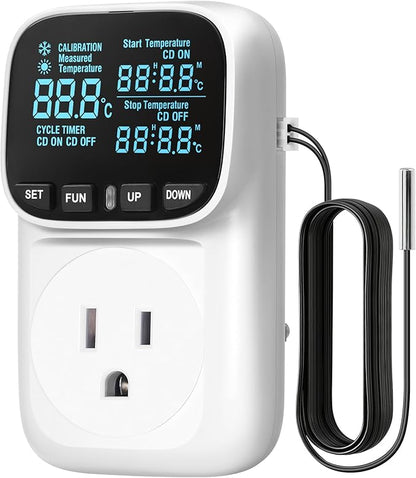 Digital Temperature Controller Outlet, 15A/1800W Heavy Duty Thermostat Plug, VA LCD Display, Heating/Cooling Control, -40°F~210°F, 4 Timer Modes, for Greenhouse Incubator Homebrew W02TC06