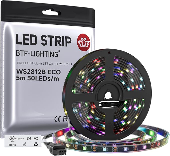 BTF-LIGHTING WS2812B ECO RGB LED Strip,UL Listed,Individually Addressable,16.4FT 30LED/m 150Pixel DC5V 5050SMD,Alloy Wire Flexible for DIY Chasing Color Project IP67(No Adapter or Controller)