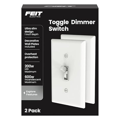 Feit Electric Toggle Dimmer with Light Switch for Dimmable LED Light Bulbs, Single Pole or 3-Way, Wall Plate and Wire Nut Installation Included, DIM/Toggle/2, 2 Pack