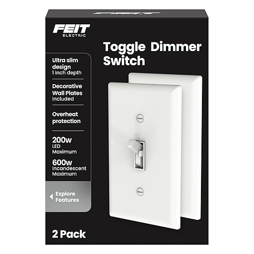 Feit Electric Toggle Dimmer with Light Switch for Dimmable LED Light Bulbs, Single Pole or 3-Way, Wall Plate and Wire Nut Installation Included, DIM/Toggle/2, 2 Pack