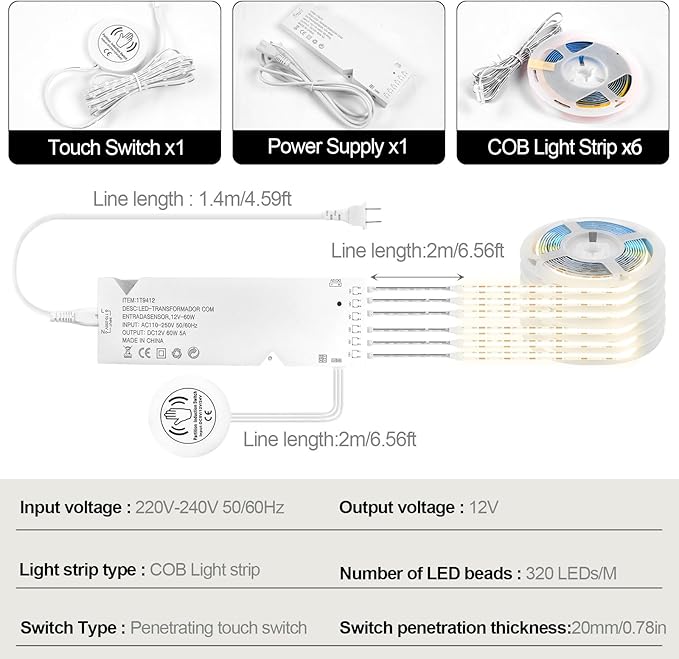 COB LED Strip 6pcs 3.3FT, Self-Adhesive LED Strips, 12V Acoustic Panels Cuttable LED Strip Lights, Touch and Hand Sweep Dimmer Switching, DIY Led Light Kit for Wine Cabinets, Cupboards, Shelves