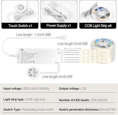 COB LED Strip 6pcs 6.56FT, 2700k Warm LED Strips, 12V Acoustic Panels Cuttable LED Strip Lights, Touch and Hand Sweep Dimmer Switching, Led Light Kit for Wine Cabinets, Cupboards, Kitchen,Shelves