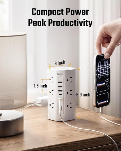 SUPERDANNY Tower Power Strip, 15Ft Extension Cord, 1700J, 12 AC 5 USB,White | 3 USB A, 2 USB C, Surge Protector Power Tower, Flat Plug, Desk Charging Station with Multiple Outlets, Home Office Dorm Room