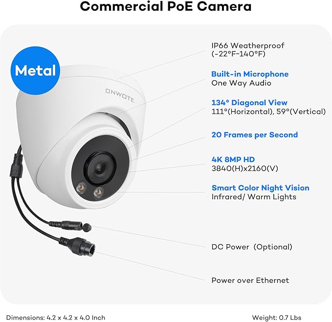ONWOTE 4K 8MP PoE IP Camera, Smart AI Human Vehicle Detection Activate Bright Spotlights, 134° Wide Viewing Angle, Indoor/Outdoor, Commercial Wired Camera for Business, Add-on to PoE NVR System