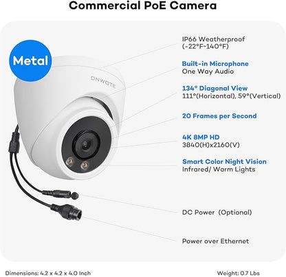 ONWOTE 4K 8MP PoE IP Camera, Smart AI Human Vehicle Detection Activate Bright Spotlights, 134° Wide Viewing Angle, Indoor/Outdoor, Commercial Wired Camera for Business, Add-on to PoE NVR System