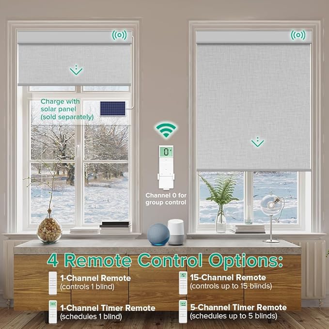 Motorized Roller Shades, 10O% Blackout Remote Control Custom Window Shades Compatible with Alexa Google Assistant via RF Hub, Rechargeable Electric Blinds for Windows (Fabric Light Grey)