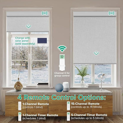 Motorized Roller Shades, 10O% Blackout Remote Control Custom Window Shades Compatible with Alexa Google Assistant via RF Hub, Rechargeable Electric Blinds for Windows (Fabric Light Grey)