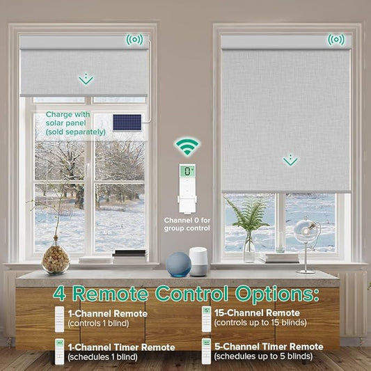 Motorized Roller Shades, 10O% Blackout Remote Control Custom Window Shades Compatible with Alexa Google Assistant via RF Hub, Rechargeable Electric Blinds for Windows (Fabric Light Grey)