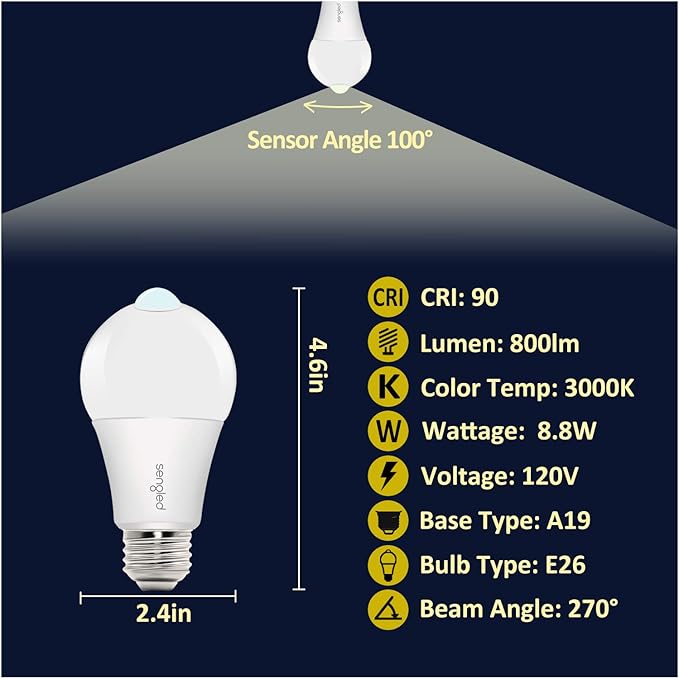 Sengled Motion Sensor Light Bulbs, A19 3000K 800LM Outdoor Indoor LED Bulb, 8.8W (60W Equivalent), Soft White Motion Sensing Bulb Built-in Photocell Sensor for Front Porch Garage Hallway, 2 Pack