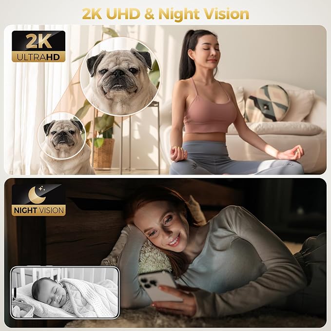 ZEEPORTE 2K Indoor Cameras for Home Security - Baby Monitor and Dog Pet Camera with Motion Detection, 2-Way Audio, Night Vision, Siren, Wired Security Camera - Works with Alexa (2-Pack)