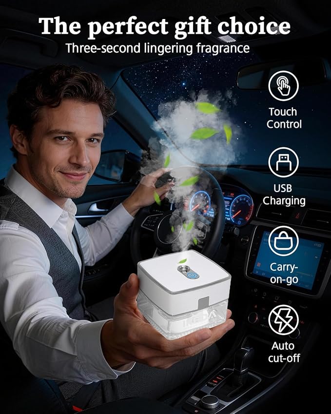 Smart Car Air Fresheners | Luxury Car Aroma Diffuser | with 120ml Long Lasting Perfume | Auto On/Off Car Diffuser | Mini Cube Diffuser for Car, Home by Ikeda (White)