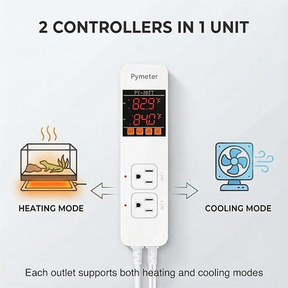 Digital Temperature Controller Dual Probe Reptile Thermostat Controlled Outlet for Terrarium Heat Mat Heating Pad, Switch Cooling Fan Freezer Fridge ON & Off at Setpoints 10A 1200W