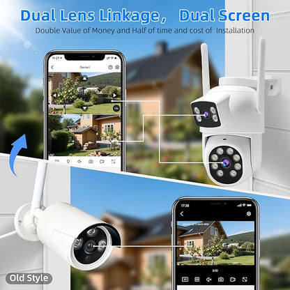 Dual-Lens Wireless Security Camera Outdoor, 2K HD 6MP View, Indoor WiFi Connection, Smart Night Vision, Ai Motion Detection and Tracking, Light and Siren Alarm, 64G SD Card (Included)