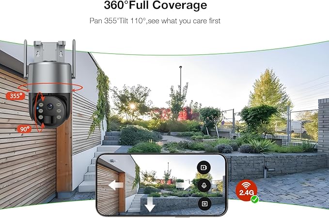 2K 3MP Tuya Solar Security Camera, Wireless Outdoor WiFi Camera w/ 360° PTZ, IP65, Battery Powered Surveillance Home Cam w/ Color Night Vision, PIR Sensor, 2-Way Audio, SD/Cloud Storage, App Alerts