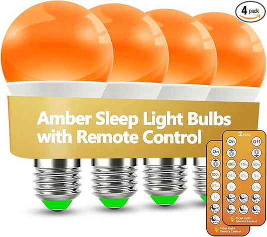 Amber Sleep Light Bulbs 1600K with Remote Control, E26 Blue Light Blocking A19, 9W for Sleep Therapy, Baby Nursery, Bedroom (4 Packs)