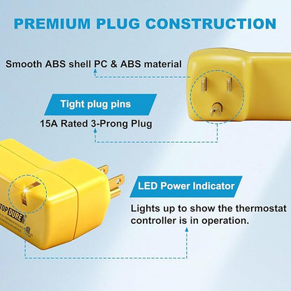Automatic Thermostatic Plug, Suitable for Heating Tapes, Greenhouses, Well House Heaters, 38℉ Auto On/50℉ Auto Off, 2pcs