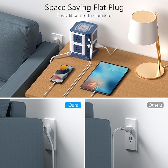 PD 20W USB C Power Strip with Wireless Charger BESTEK 8-Outlet Surge Protector and 30W 3-Port USB Charging Dock Station,4000 Joules,ETL Listed,Dorm Room Accessories (8AC+3USB+Wireless Charger-Blue)