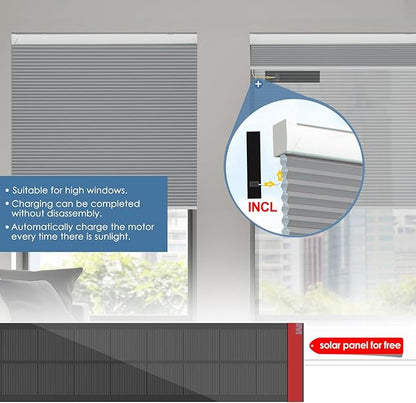 Motorized Cellular Shades with Remote Control, Blackout Electric Smart Blinds(Free Solar Panel) with Cordless, Windows Automatic Honeycomb Blinds, with Alexa Google, Grey, 32"× 64"