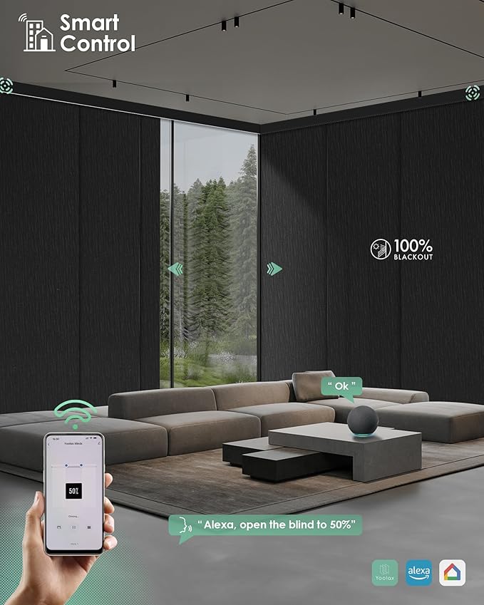 Yoolax Custom XL Smart Sliding Door Blinds, Motorized Sliding Panel Blinds Compatible with Alexa, Blackout Vertical Blinds for Glass Doors, Patio Doors, Closet Doors, Midnight Stripe Black