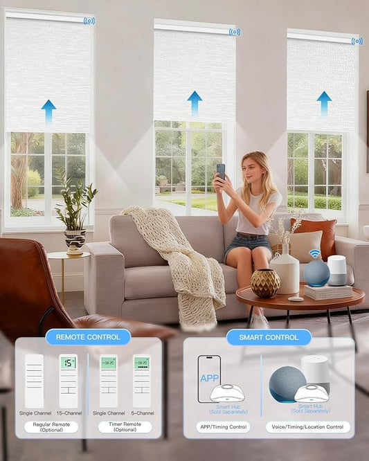 Tokblind Motorized Roller Shade with Remote Control, Blackout Electric Shade for Windows Compatible with Alexa Google via Hub, Rechargeable Smart Window Blind for Home Office (Texture White)